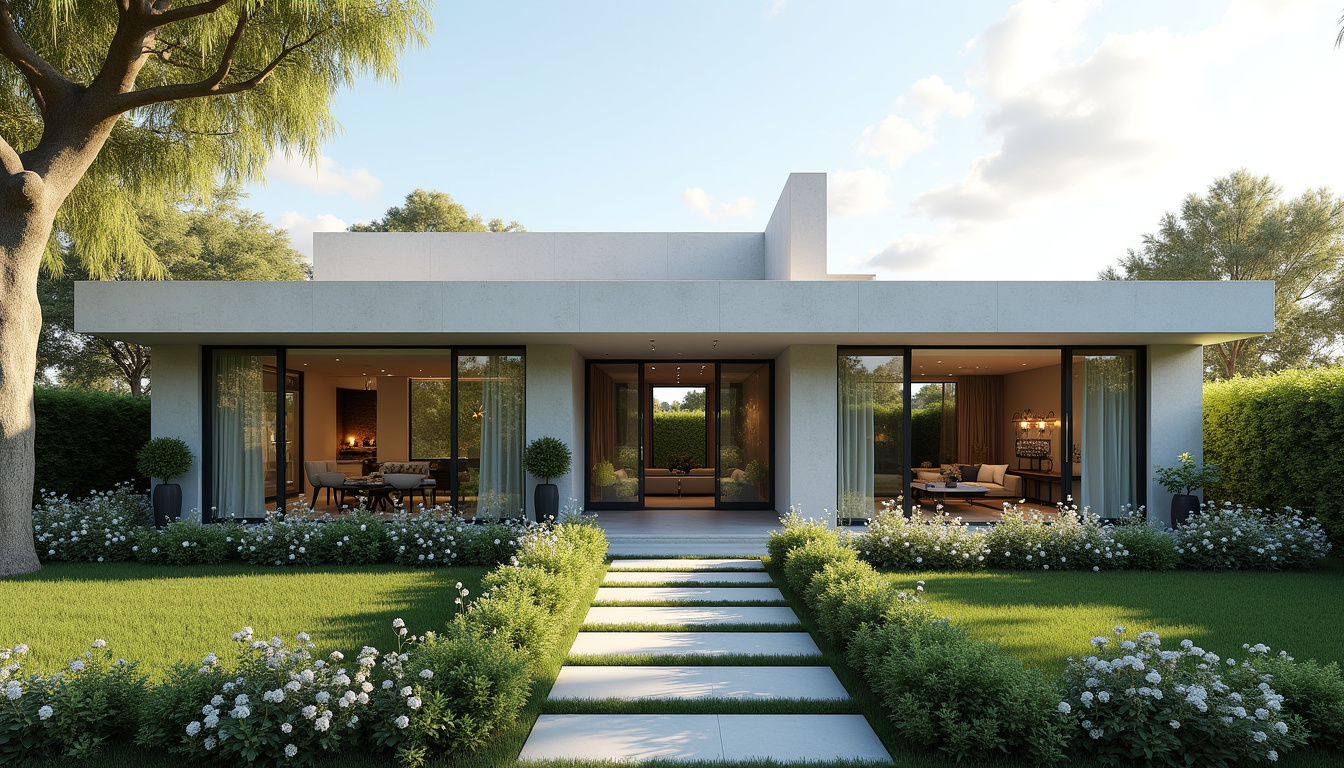 Maison de plain-pied moderne avec grandes baies vitrées et jardin paysager