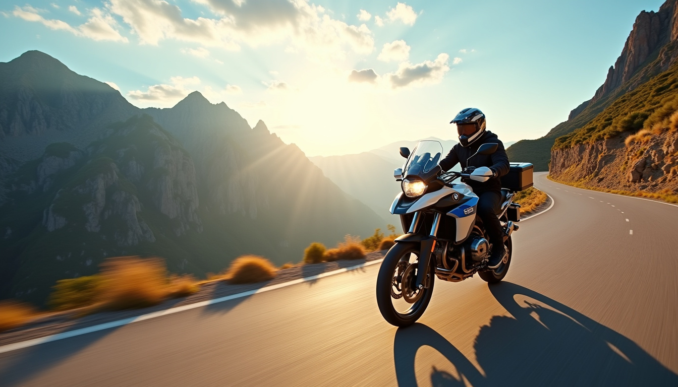 Moto BMW R 1300 GS Adventure avec réservoir plein sur une route de montagne