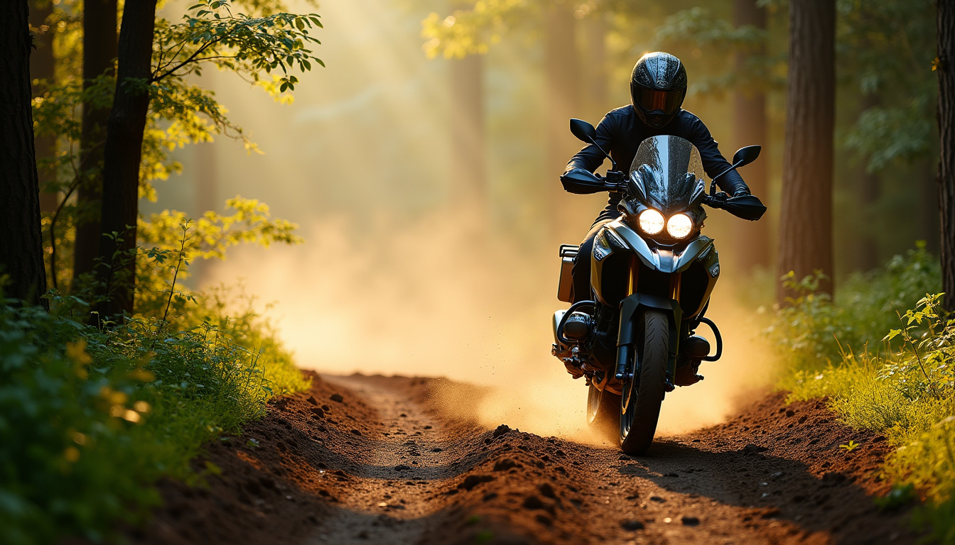 Moto BMW R 1300 GS sur un chemin de terre en pleine nature