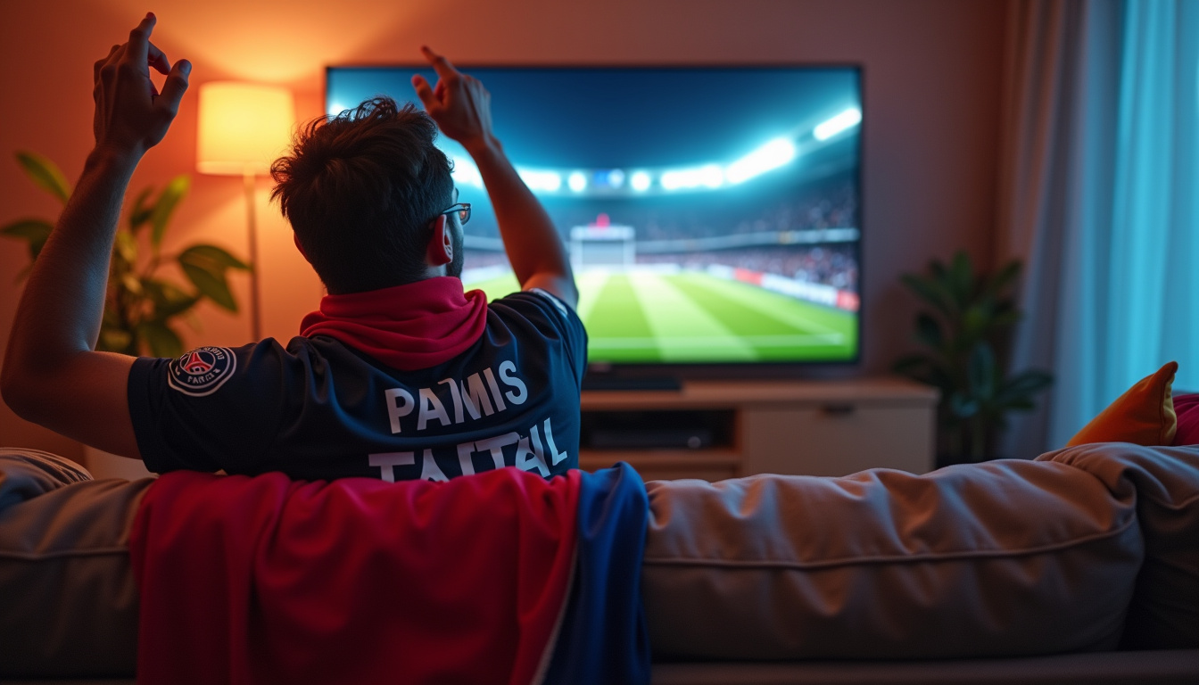 Supporter du PSG regardant un match à la télévision avec maillot et drapeau, en ambiance soirée foot