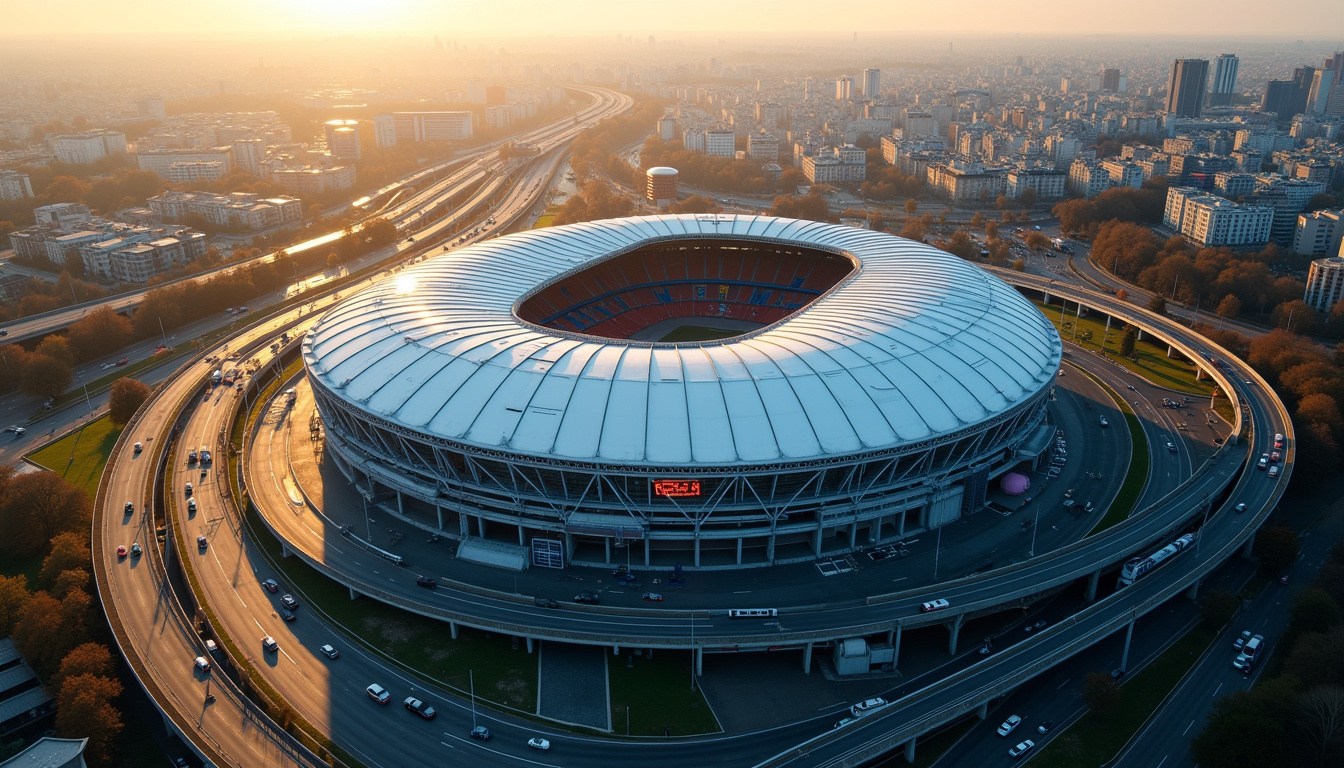 Vue aérienne du Stade de France entouré par les axes routiers et les lignes de transport en commun