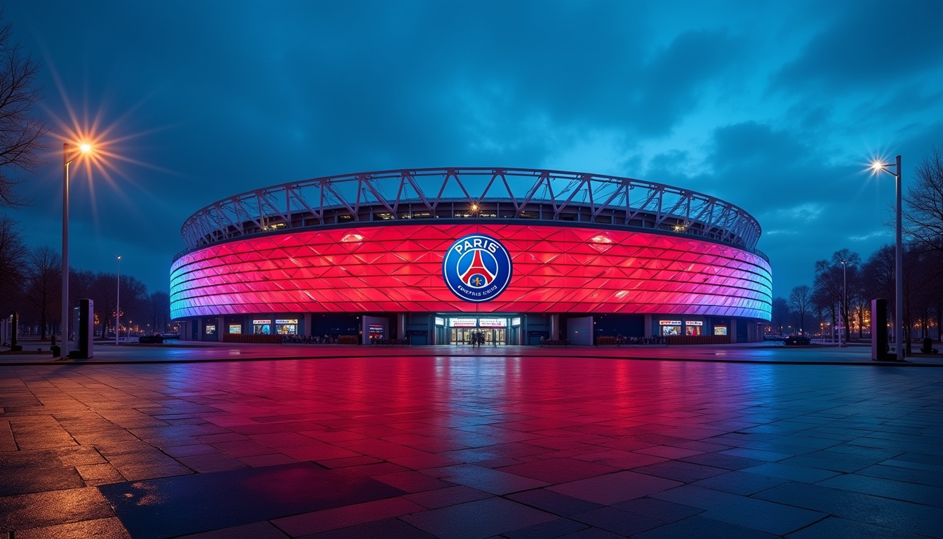 Vue extérieure du Parc des Princes avec les couleurs du PSG illuminées pour un match à venir