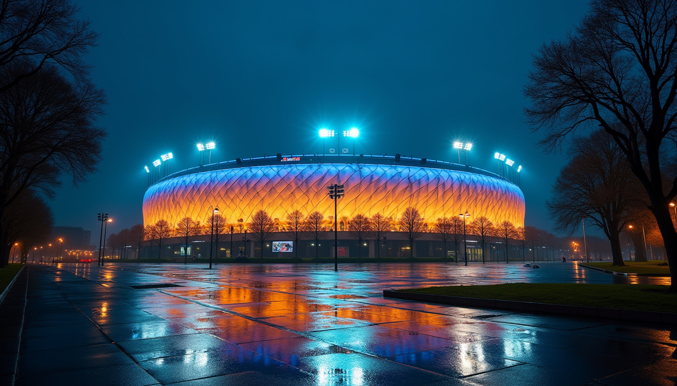 Vue extérieure du stade Santiago Bernabéu en soirée, illuminé