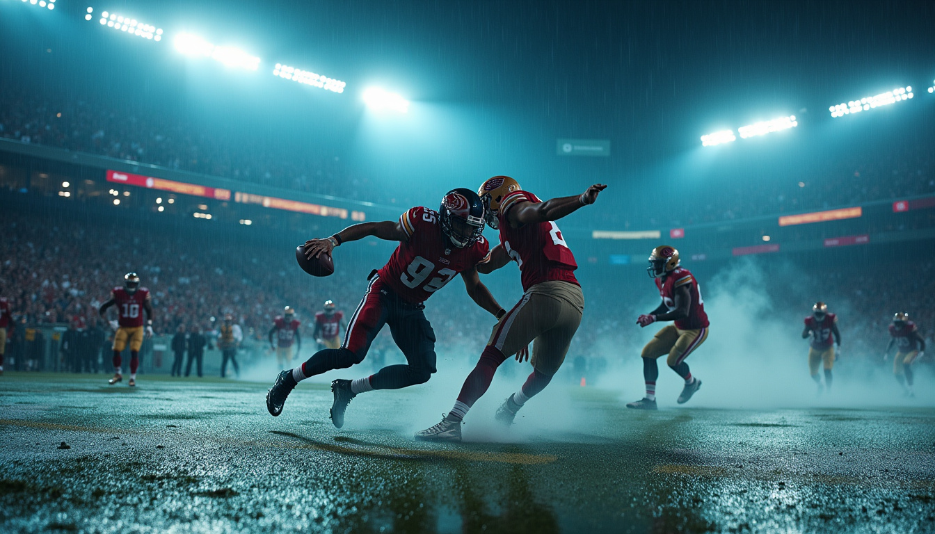 Deux équipes de la NFL s'affrontant sur un terrain sous les projecteurs