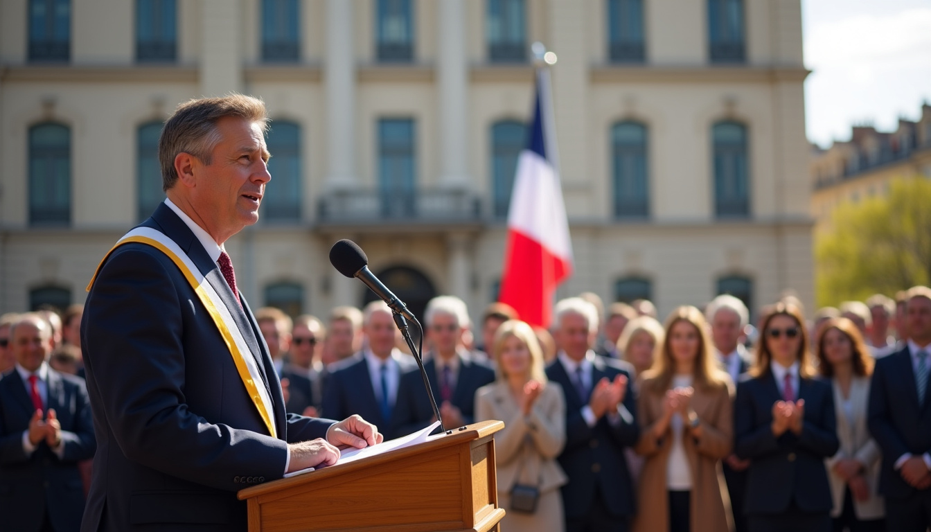 Maire prononçant un discours lors d'une inauguration publique, entouré d'autres élus et de citoyens