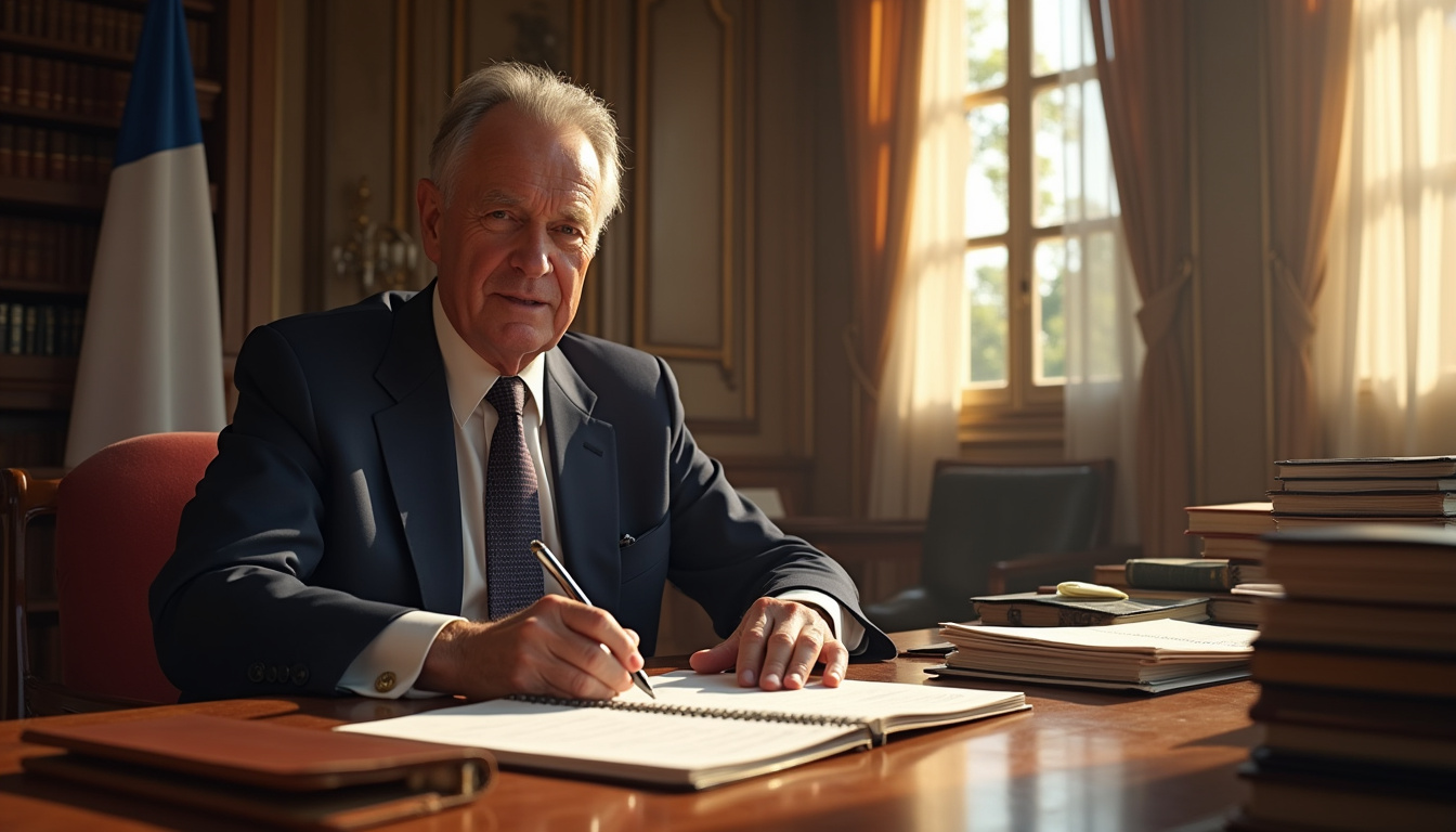 Maire travaillant à son bureau dans l'hôtel de ville, entouré de dossiers et de documents administratifs